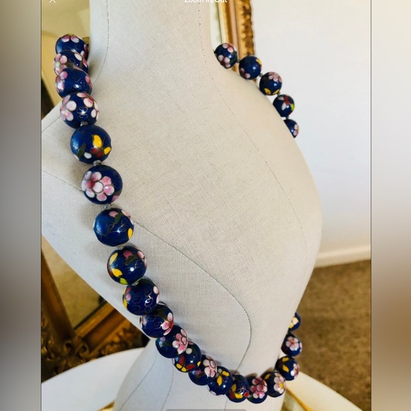 Antique Vintage Blue Cloisonné flower Enamel Jumbo Bead Necklace - Picture 7 of 17
